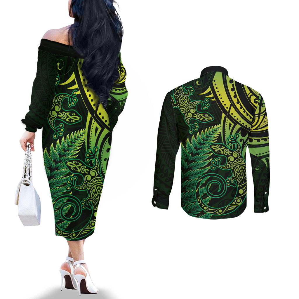 New Zealand Lizard Couples Matching Off The Shoulder Long Sleeve Dress and Long Sleeve Button Shirt Silver Fern Aotearoa Maori Green Version