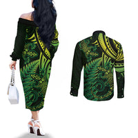 New Zealand Lizard Couples Matching Off The Shoulder Long Sleeve Dress and Long Sleeve Button Shirt Silver Fern Aotearoa Maori Green Version