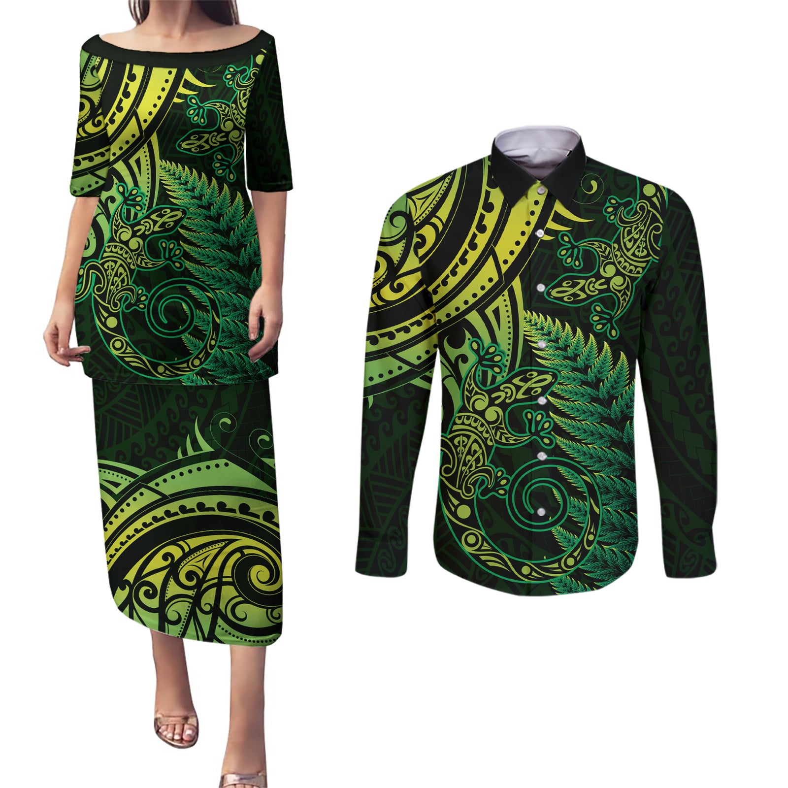 New Zealand Lizard Couples Matching Puletasi and Long Sleeve Button Shirt Silver Fern Aotearoa Maori Green Version