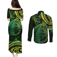 New Zealand Lizard Couples Matching Puletasi and Long Sleeve Button Shirt Silver Fern Aotearoa Maori Green Version