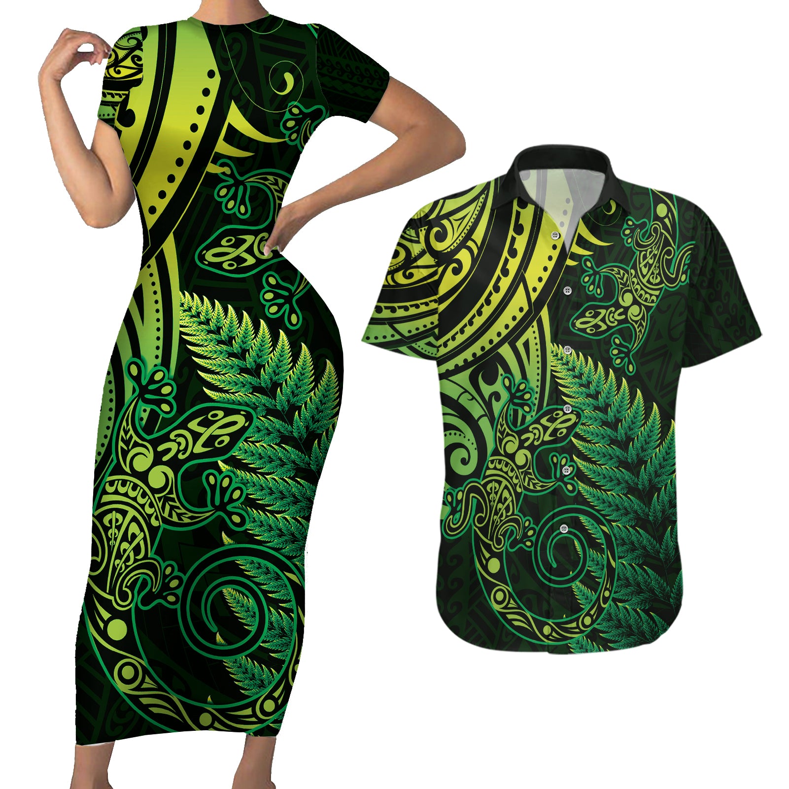 New Zealand Lizard Couples Matching Short Sleeve Bodycon Dress and Hawaiian Shirt Silver Fern Aotearoa Maori Green Version