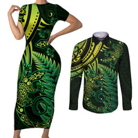 New Zealand Lizard Couples Matching Short Sleeve Bodycon Dress and Long Sleeve Button Shirt Silver Fern Aotearoa Maori Green Version
