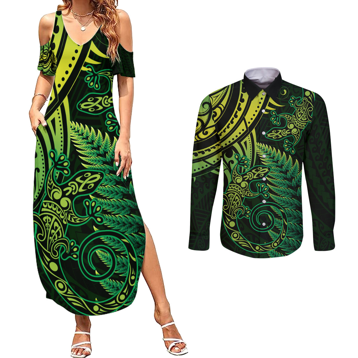 New Zealand Lizard Couples Matching Summer Maxi Dress and Long Sleeve Button Shirt Silver Fern Aotearoa Maori Green Version