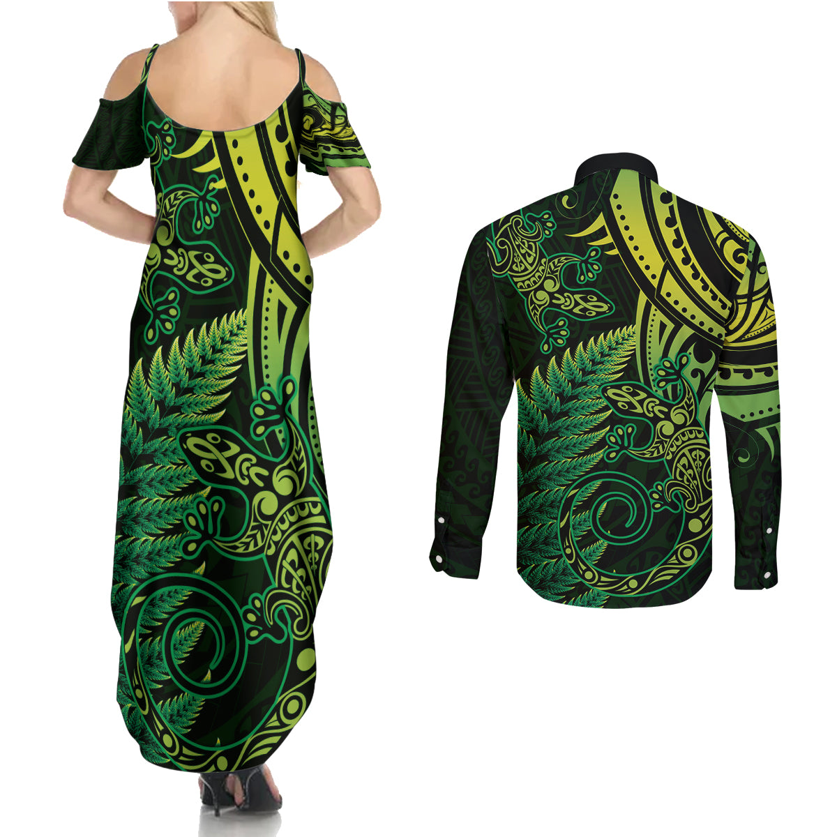 New Zealand Lizard Couples Matching Summer Maxi Dress and Long Sleeve Button Shirt Silver Fern Aotearoa Maori Green Version