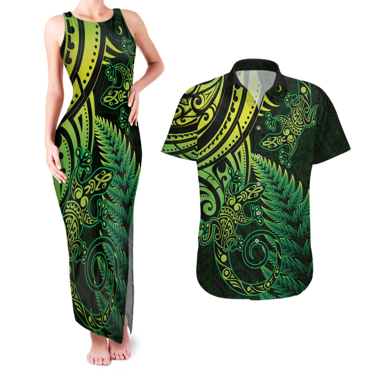 New Zealand Lizard Couples Matching Tank Maxi Dress and Hawaiian Shirt Silver Fern Aotearoa Maori Green Version