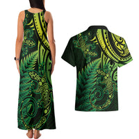 New Zealand Lizard Couples Matching Tank Maxi Dress and Hawaiian Shirt Silver Fern Aotearoa Maori Green Version
