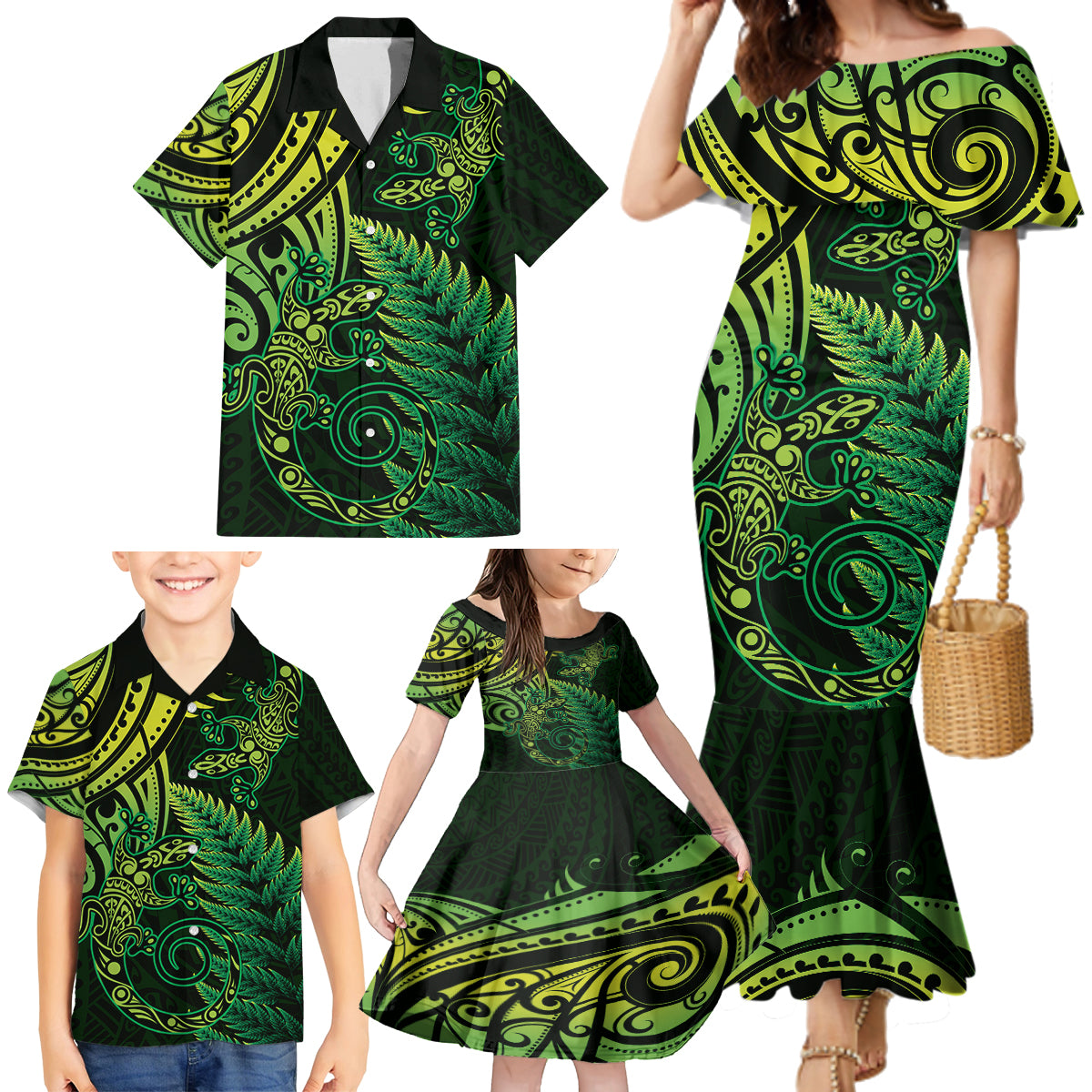 New Zealand Lizard Family Matching Mermaid Dress and Hawaiian Shirt Silver Fern Aotearoa Maori Green Version