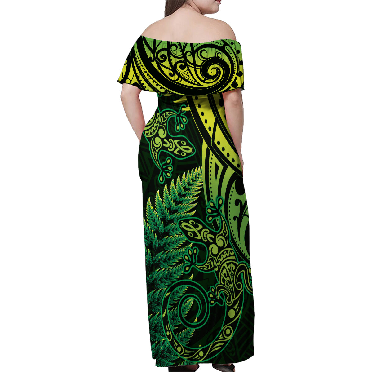 New Zealand Lizard Family Matching Off Shoulder Maxi Dress and Hawaiian Shirt Silver Fern Aotearoa Maori Green Version