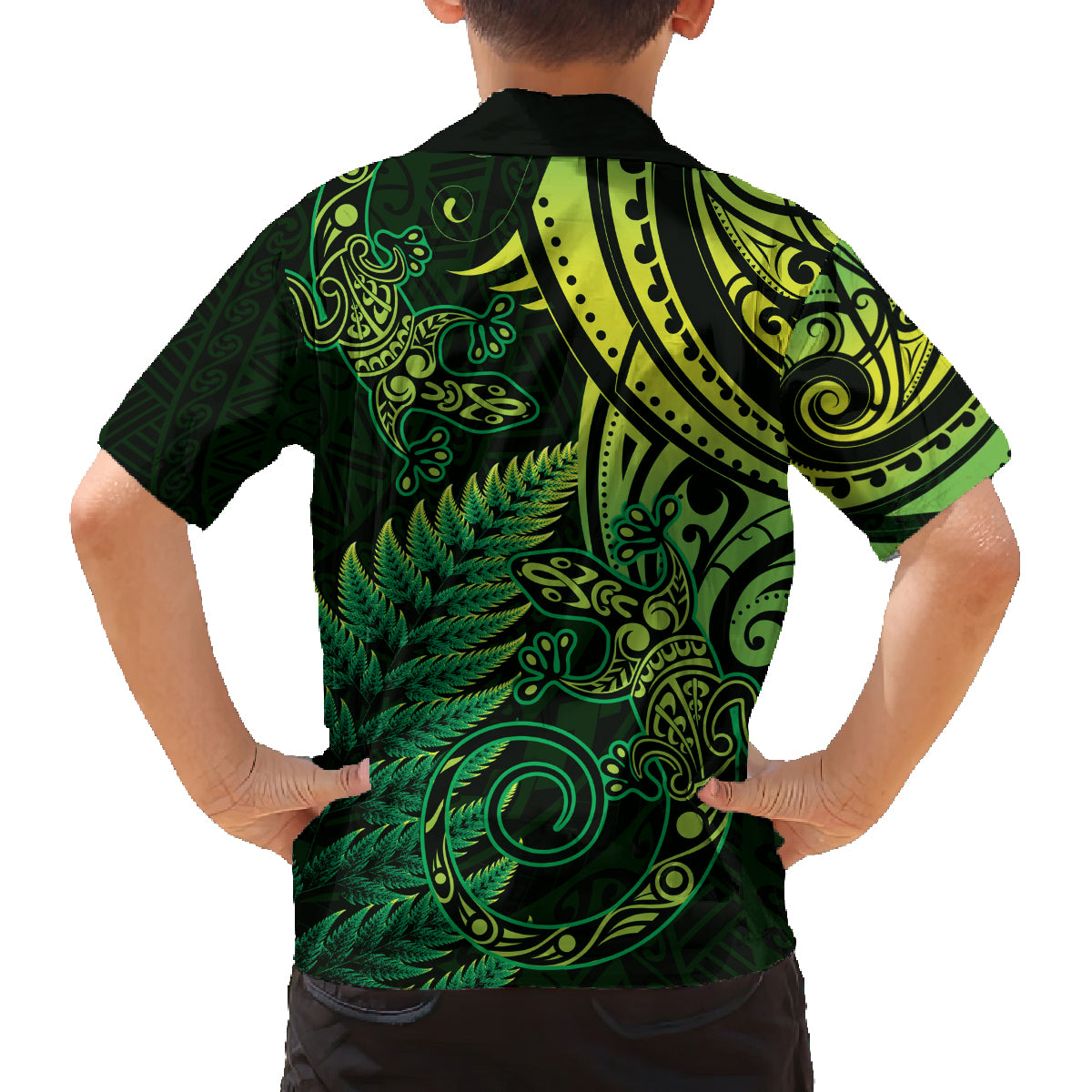 New Zealand Lizard Family Matching Off Shoulder Short Dress and Hawaiian Shirt Silver Fern Aotearoa Maori Green Version