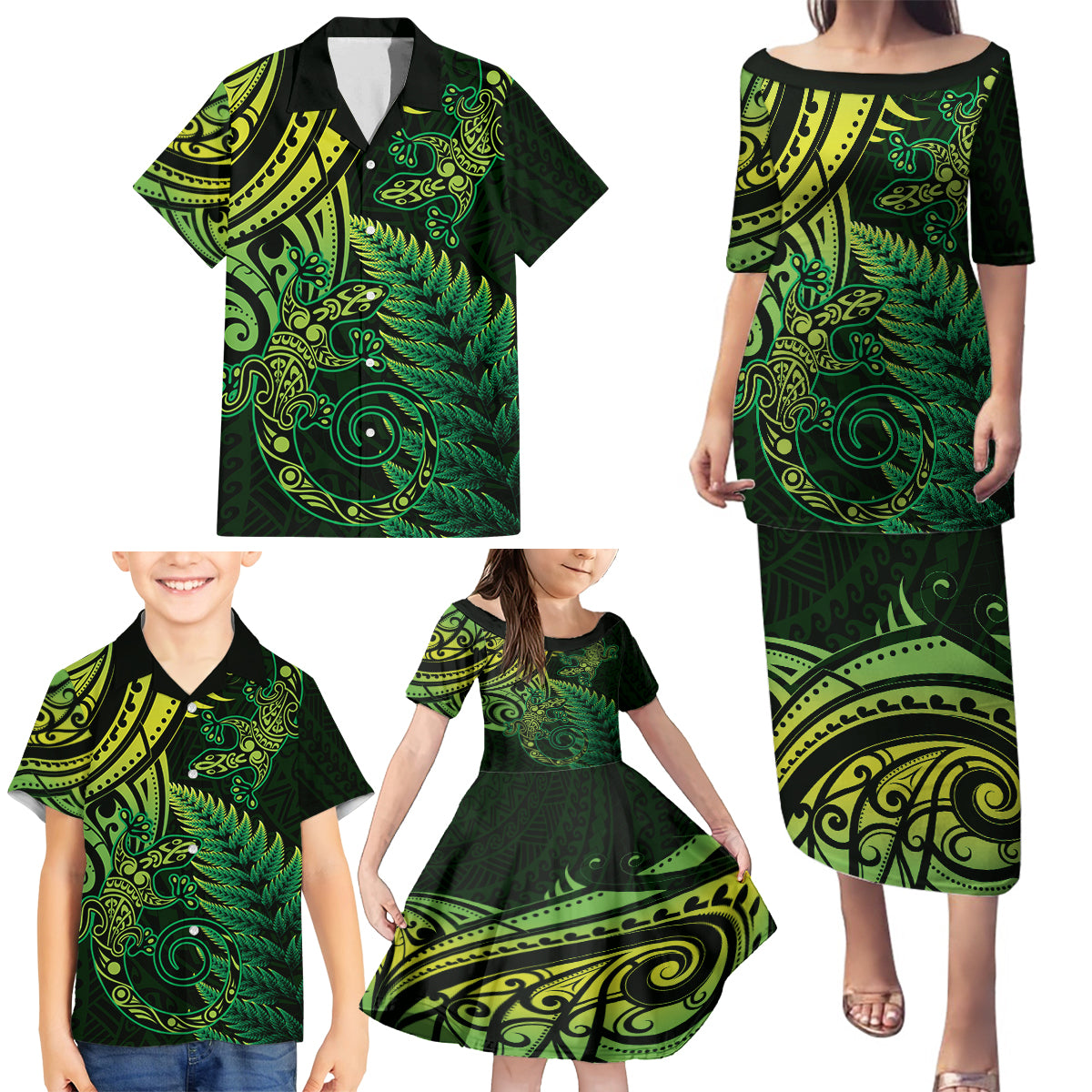 New Zealand Lizard Family Matching Puletasi and Hawaiian Shirt Silver Fern Aotearoa Maori Green Version