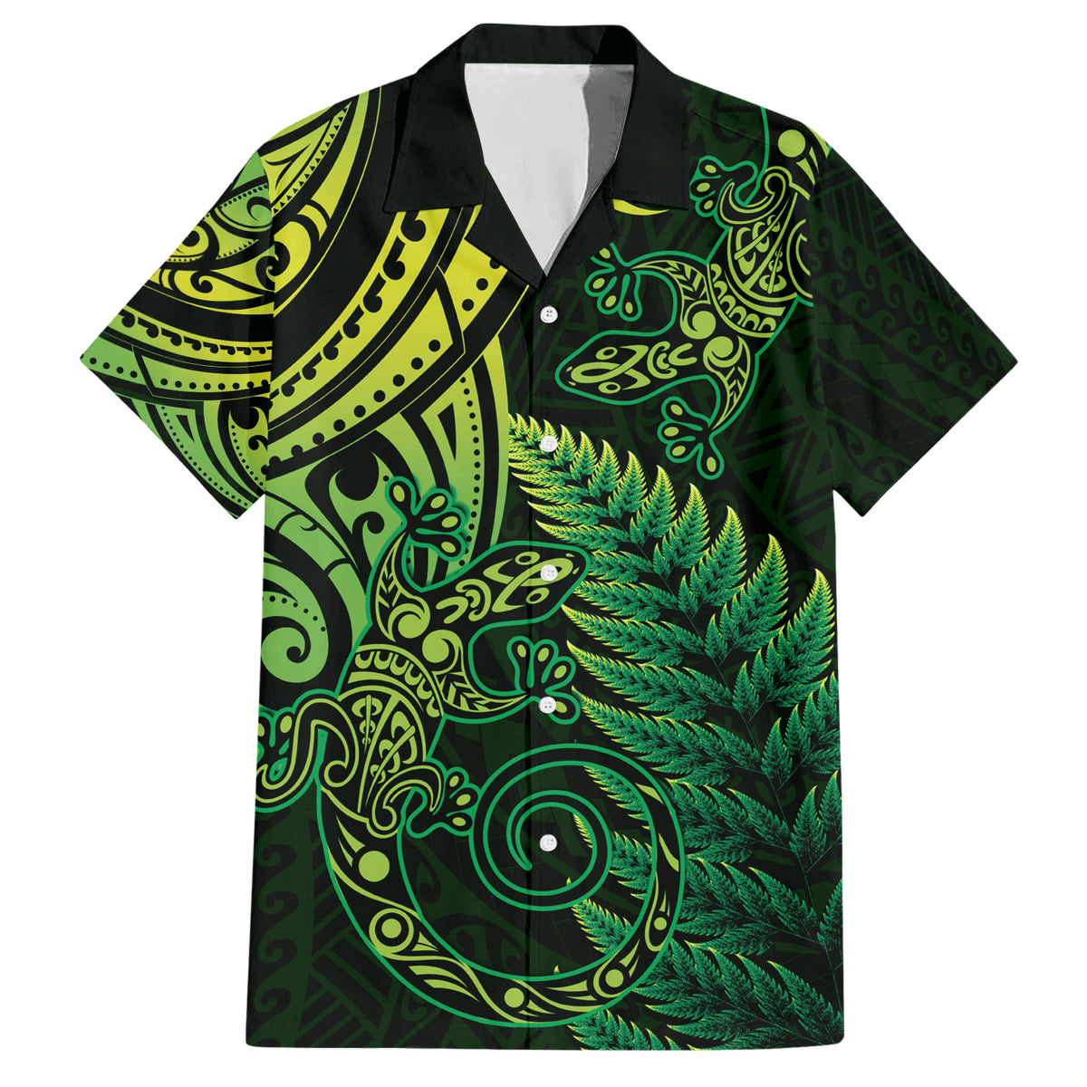 New Zealand Lizard Family Matching Short Sleeve Bodycon Dress and Hawaiian Shirt Silver Fern Aotearoa Maori Green Version