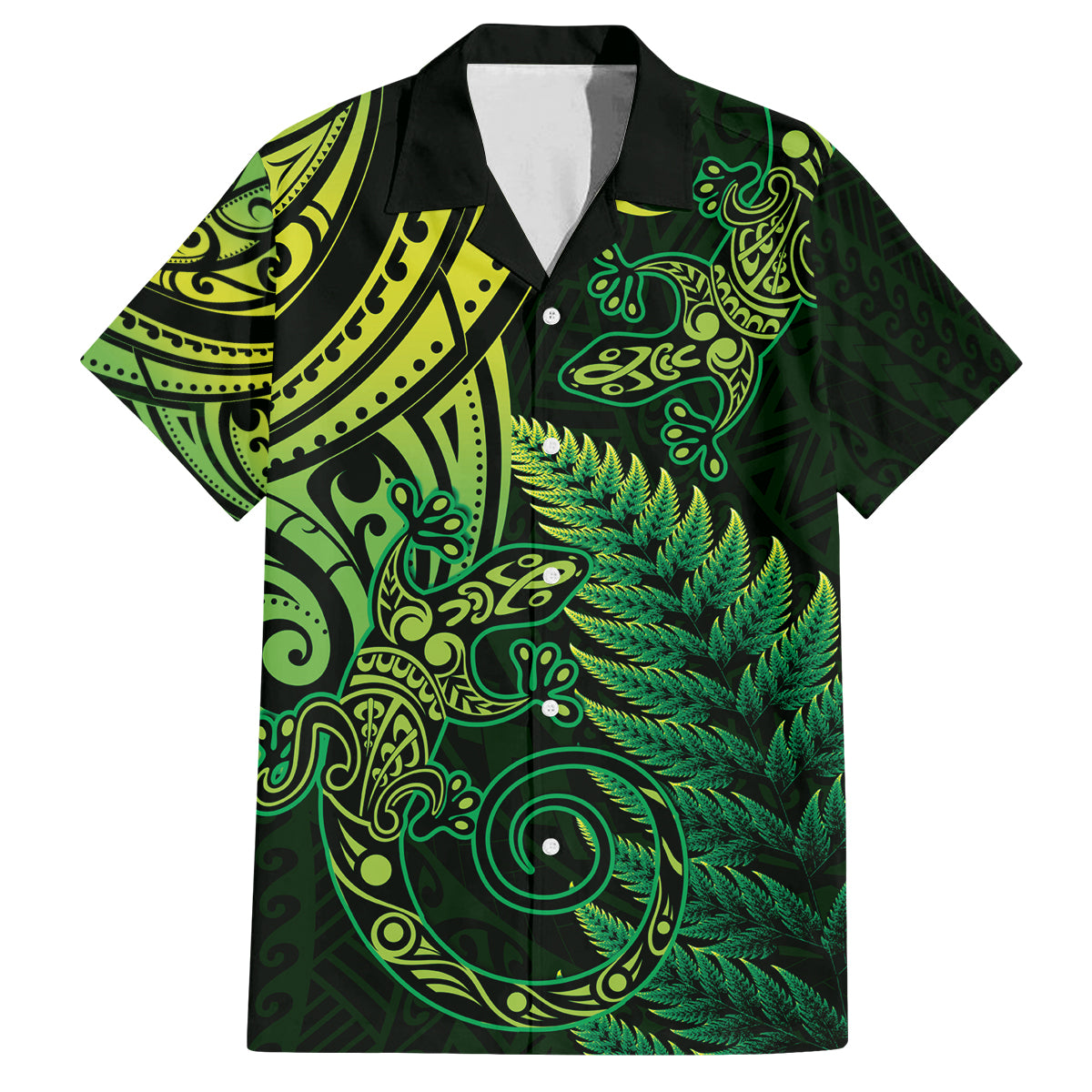 New Zealand Lizard Family Matching Summer Maxi Dress and Hawaiian Shirt Silver Fern Aotearoa Maori Green Version