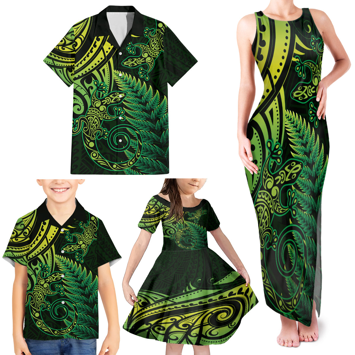 New Zealand Lizard Family Matching Tank Maxi Dress and Hawaiian Shirt Silver Fern Aotearoa Maori Green Version