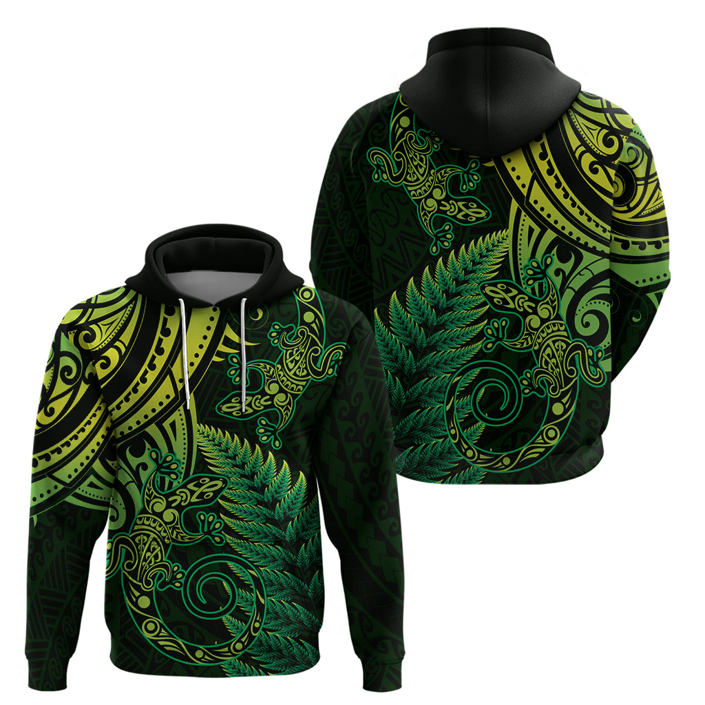 New Zealand Lizard Hoodie Silver Fern Aotearoa Maori Green Version
