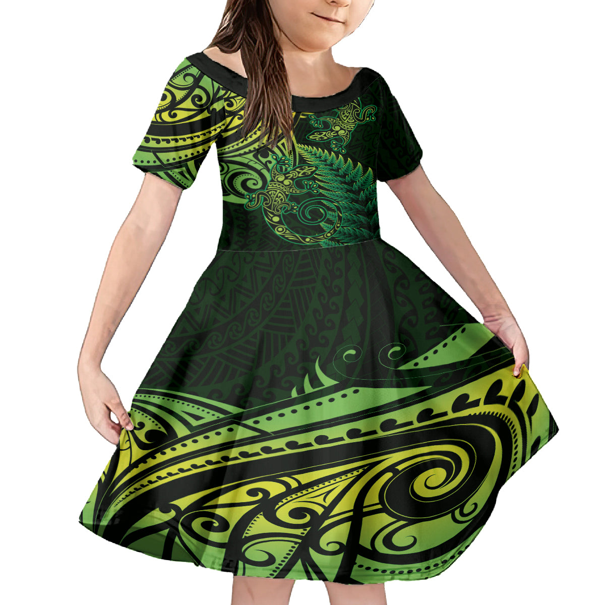 New Zealand Lizard Kid Short Sleeve Dress Silver Fern Aotearoa Maori Green Version