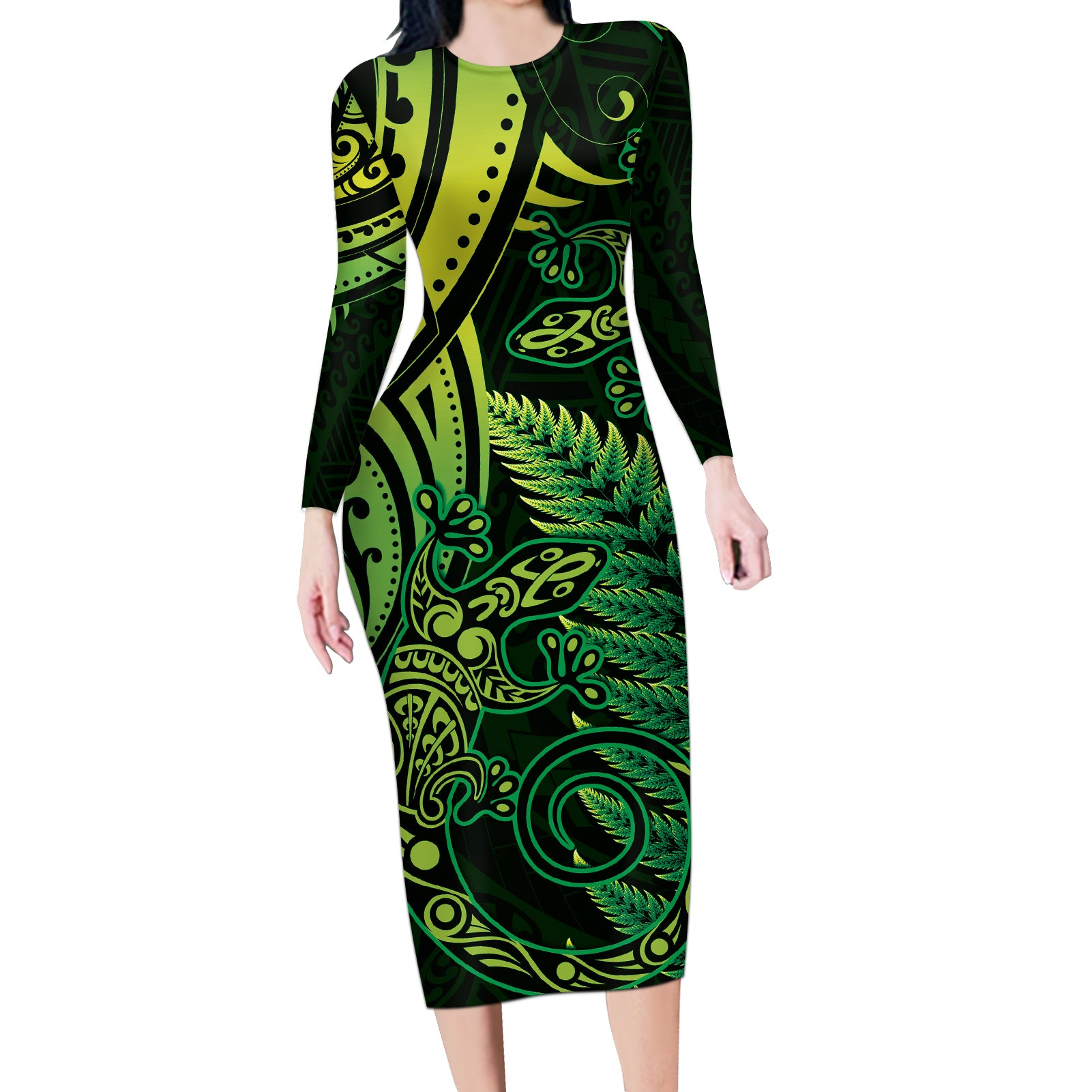 New Zealand Lizard Long Sleeve Bodycon Dress Silver Fern Aotearoa Maori Green Version