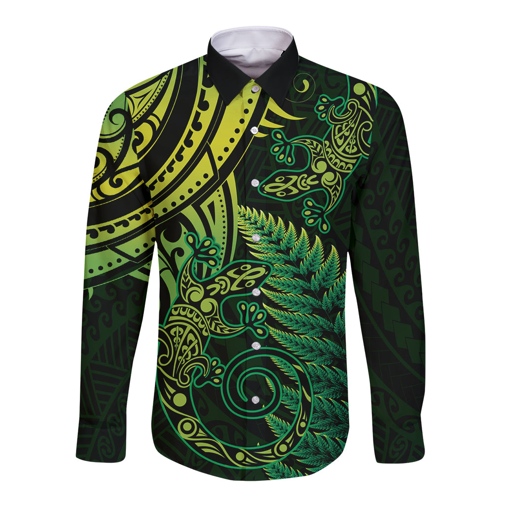 New Zealand Lizard Long Sleeve Button Shirt Silver Fern Aotearoa Maori Green Version