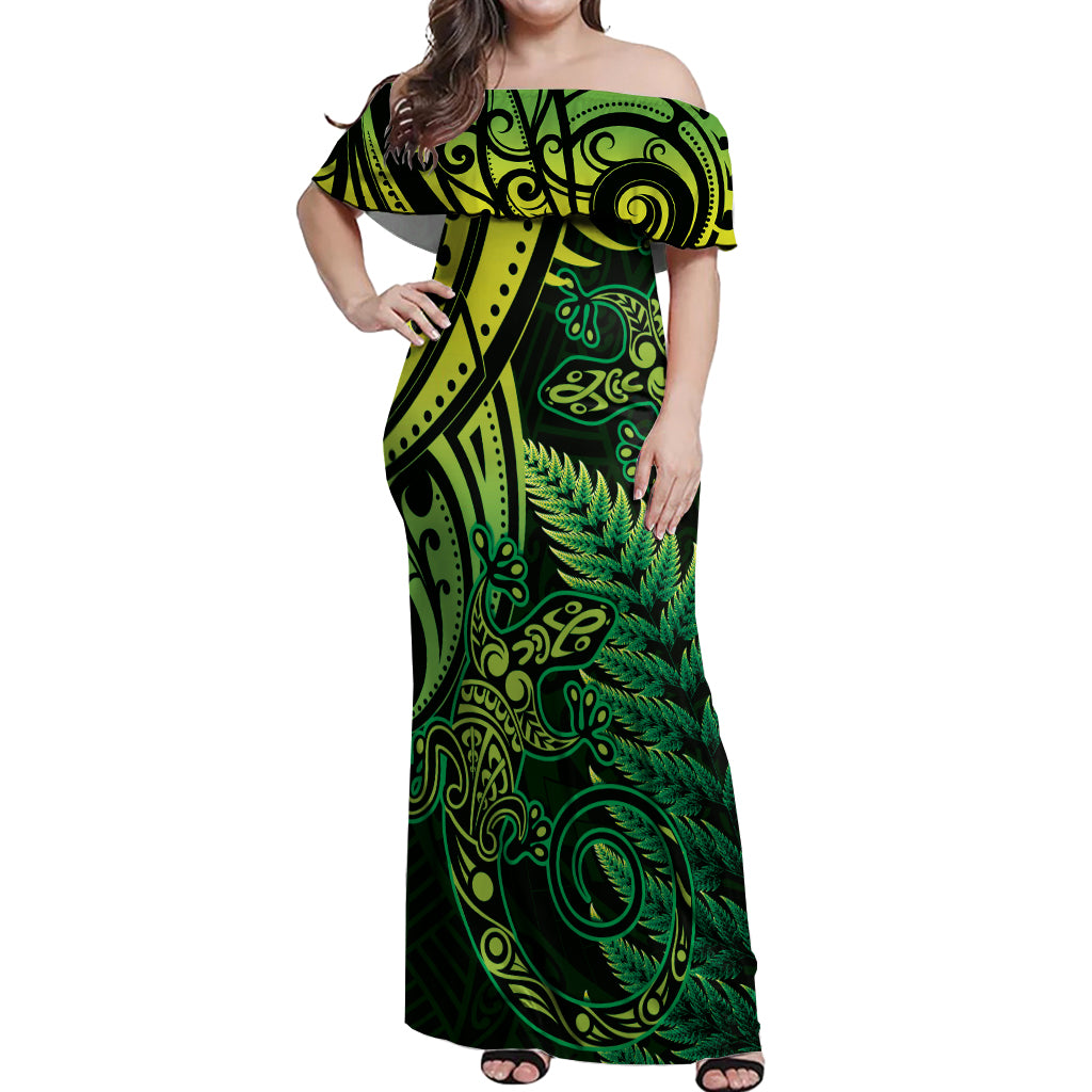 New Zealand Lizard Off Shoulder Maxi Dress Silver Fern Aotearoa Maori Green Version