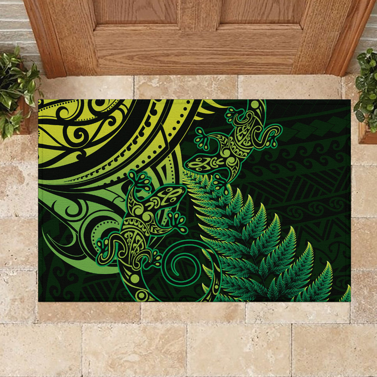 New Zealand Lizard Rubber Doormat Silver Fern Aotearoa Maori Green Version LT14 - Polynesian Pride