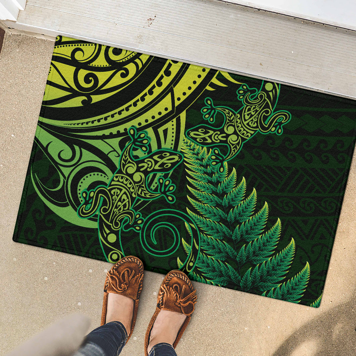 New Zealand Lizard Rubber Doormat Silver Fern Aotearoa Maori Green Version LT14 - Polynesian Pride