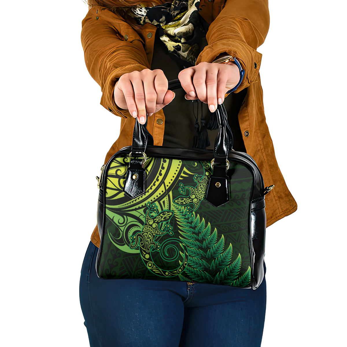 New Zealand Lizard Shoulder Handbag Silver Fern Aotearoa Maori Green Version LT14 One Size Green - Polynesian Pride