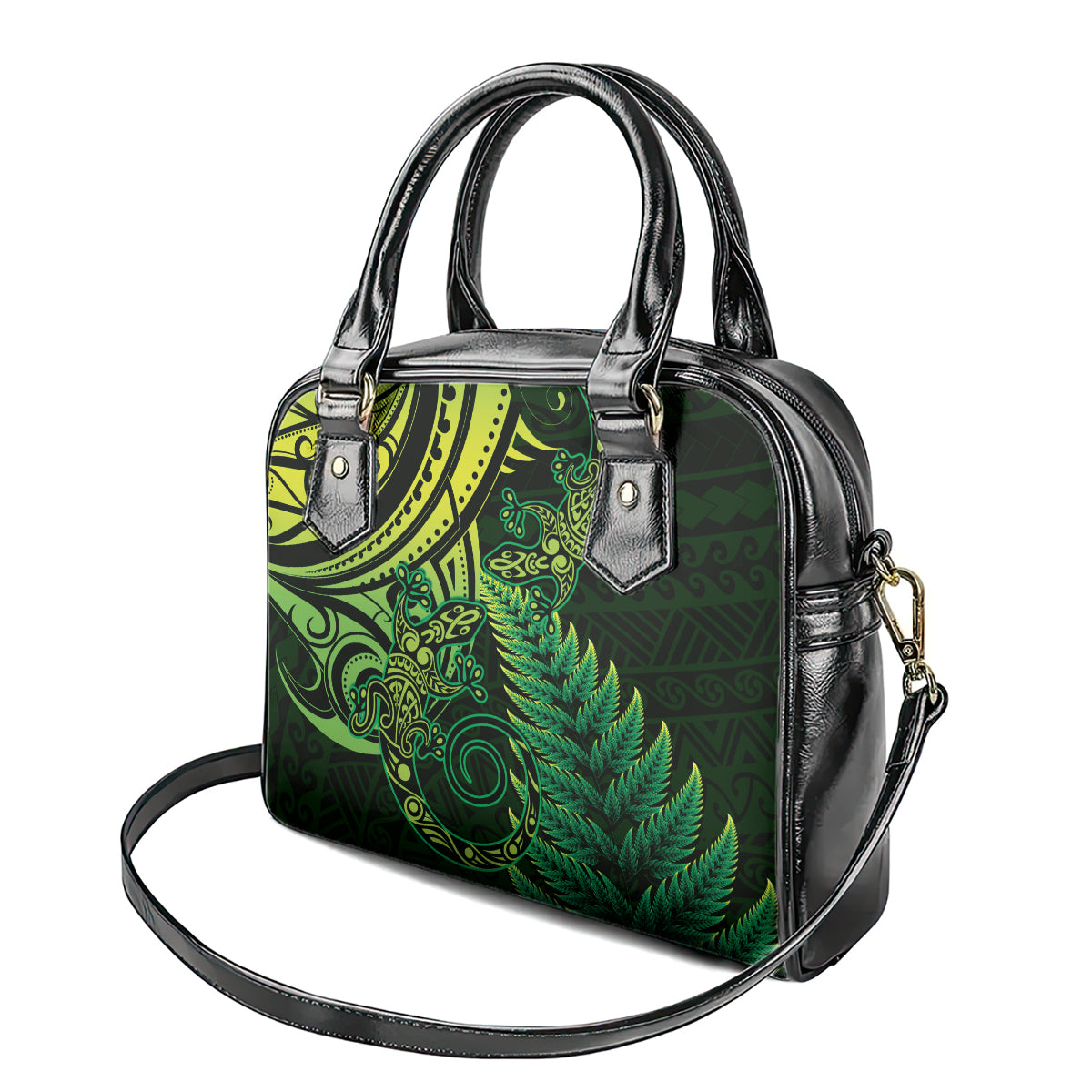 New Zealand Lizard Shoulder Handbag Silver Fern Aotearoa Maori Green Version LT14 - Polynesian Pride