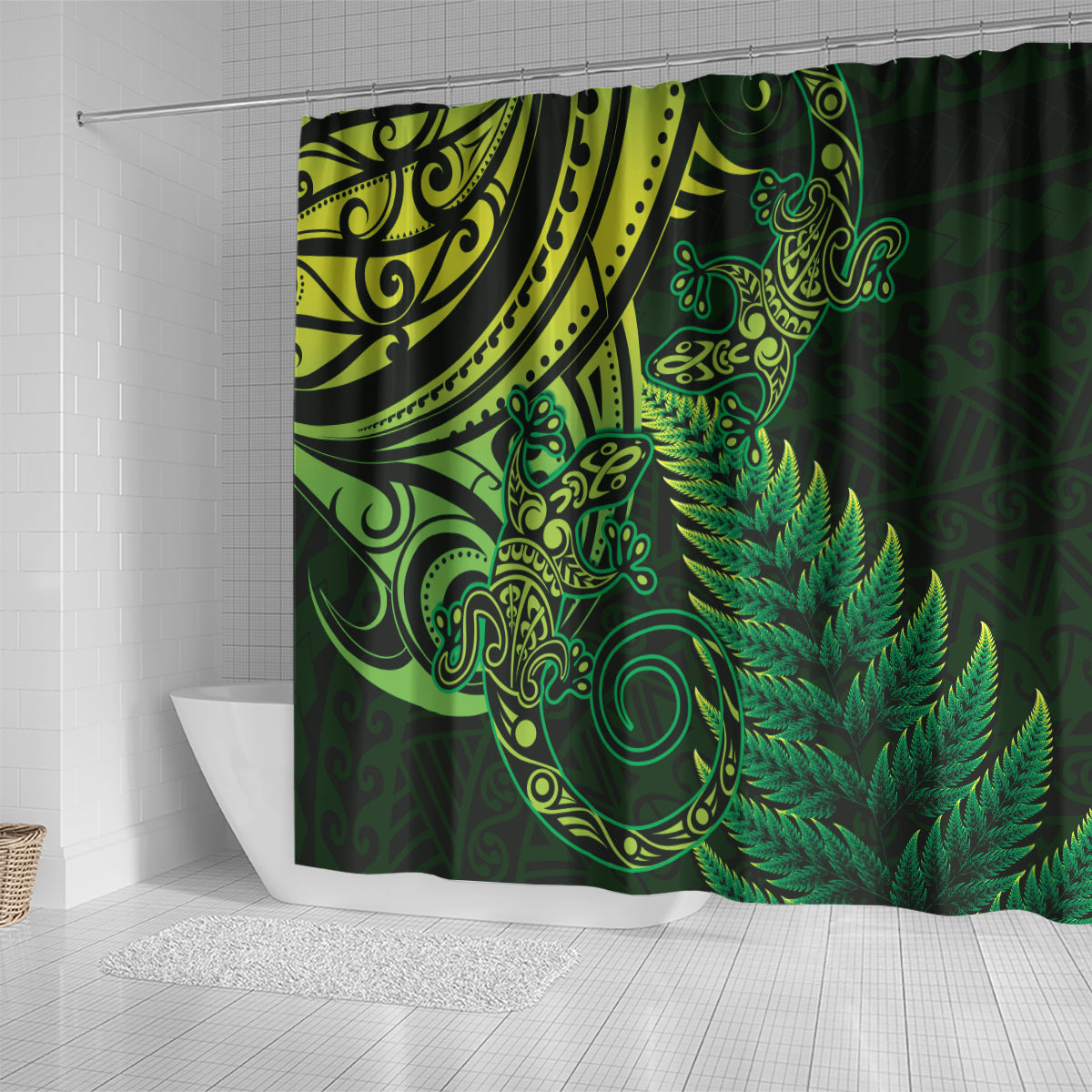 New Zealand Lizard Shower Curtain Silver Fern Aotearoa Maori Green Version
