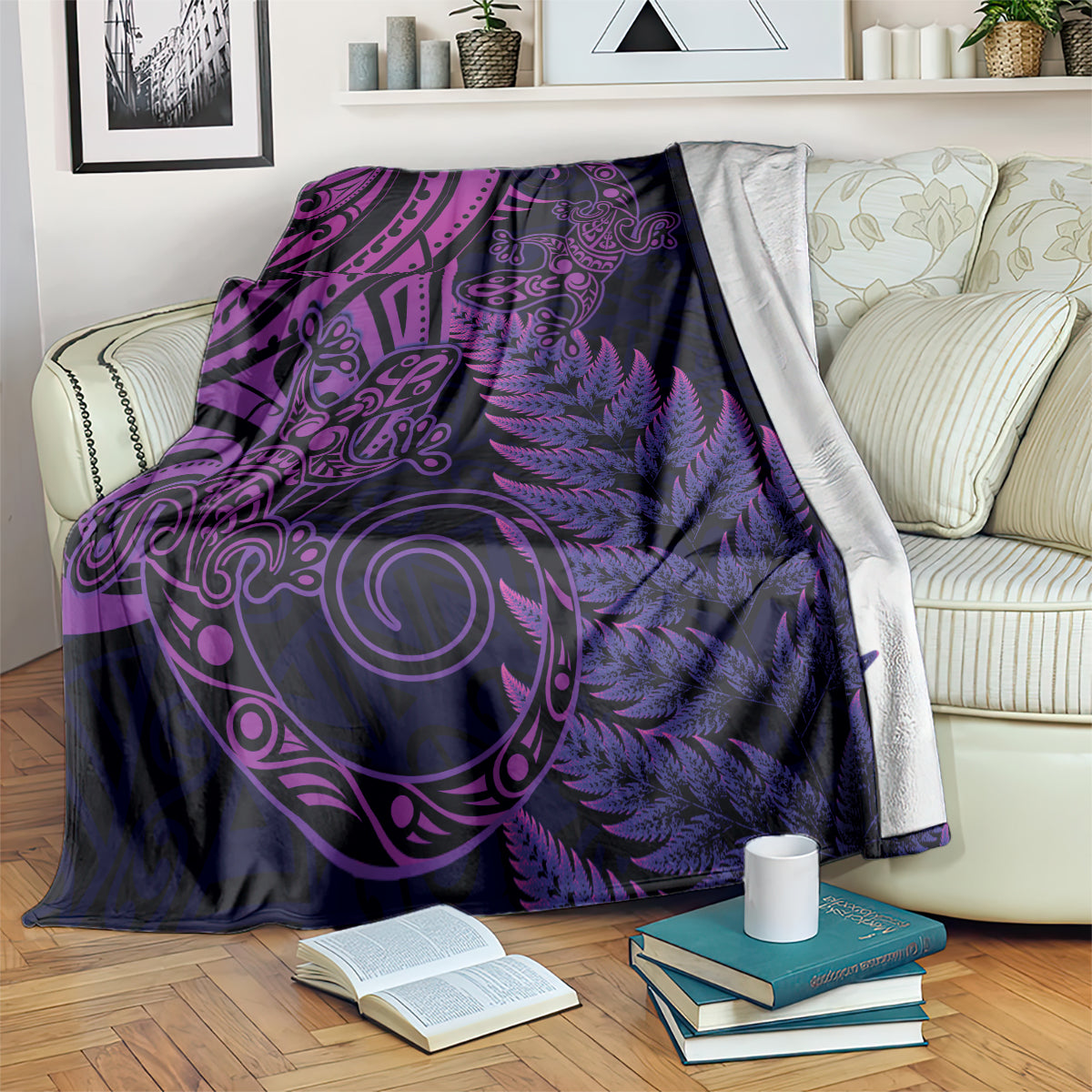 New Zealand Lizard Blanket Silver Fern Aotearoa Maori Purple Version