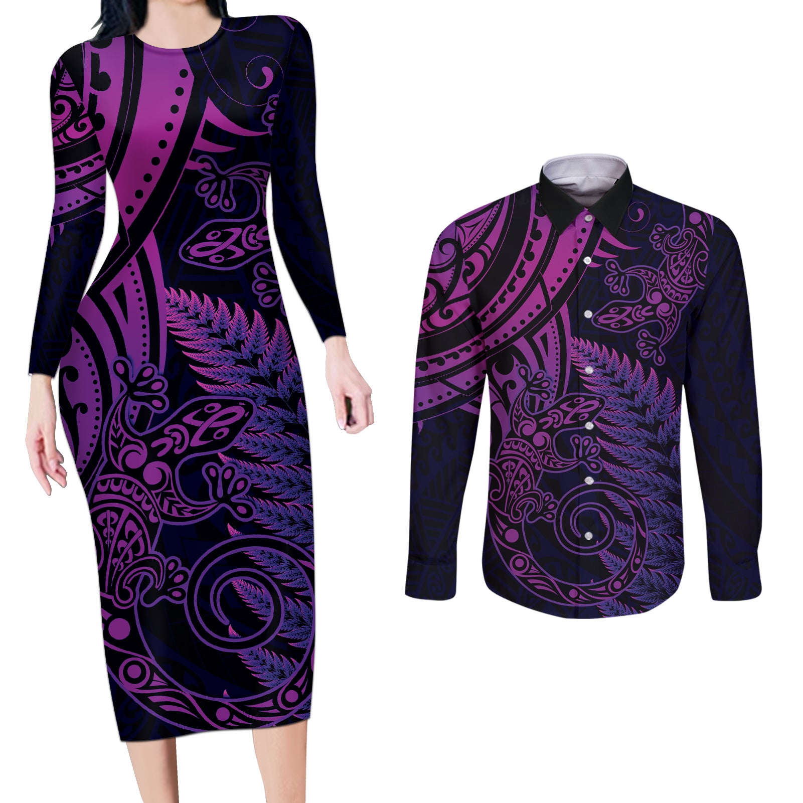 New Zealand Lizard Couples Matching Long Sleeve Bodycon Dress and Long Sleeve Button Shirt Silver Fern Aotearoa Maori Purple Version