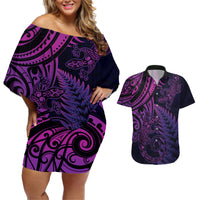 New Zealand Lizard Couples Matching Off Shoulder Short Dress and Hawaiian Shirt Silver Fern Aotearoa Maori Purple Version