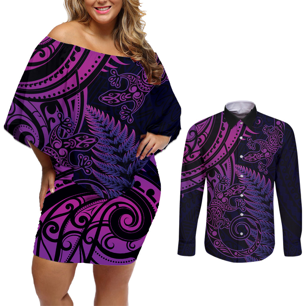 New Zealand Lizard Couples Matching Off Shoulder Short Dress and Long Sleeve Button Shirt Silver Fern Aotearoa Maori Purple Version
