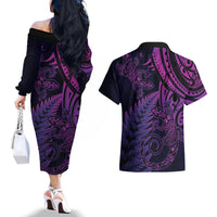 New Zealand Lizard Couples Matching Off The Shoulder Long Sleeve Dress and Hawaiian Shirt Silver Fern Aotearoa Maori Purple Version