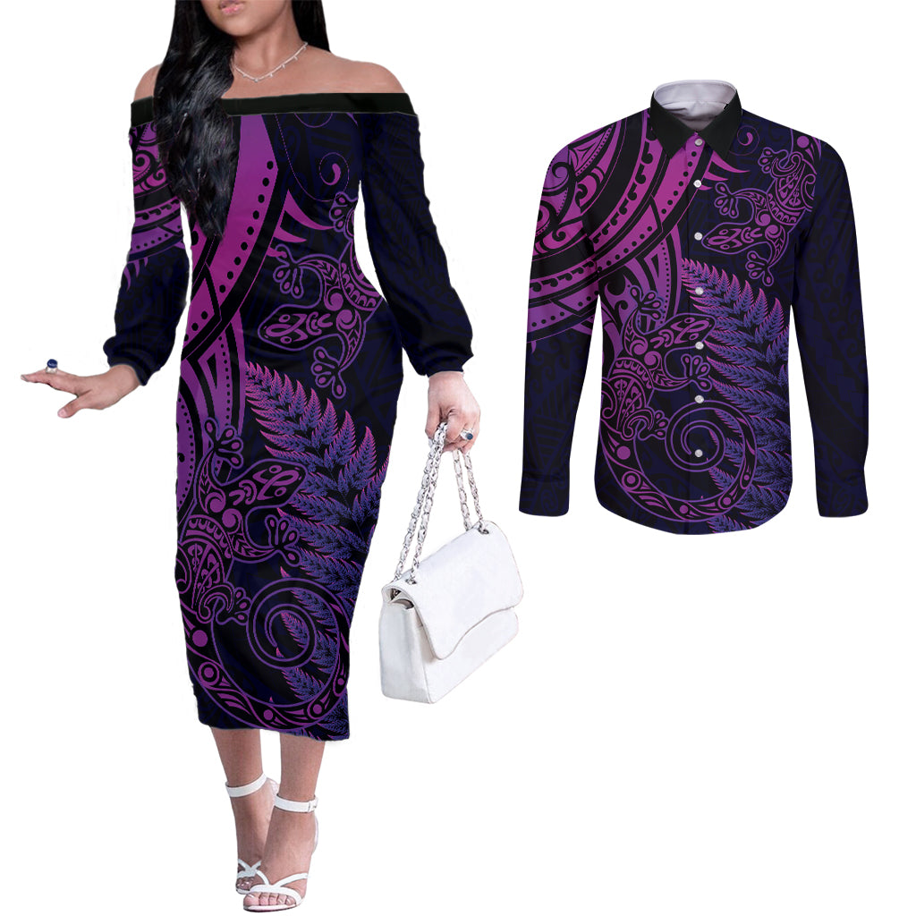 New Zealand Lizard Couples Matching Off The Shoulder Long Sleeve Dress and Long Sleeve Button Shirt Silver Fern Aotearoa Maori Purple Version