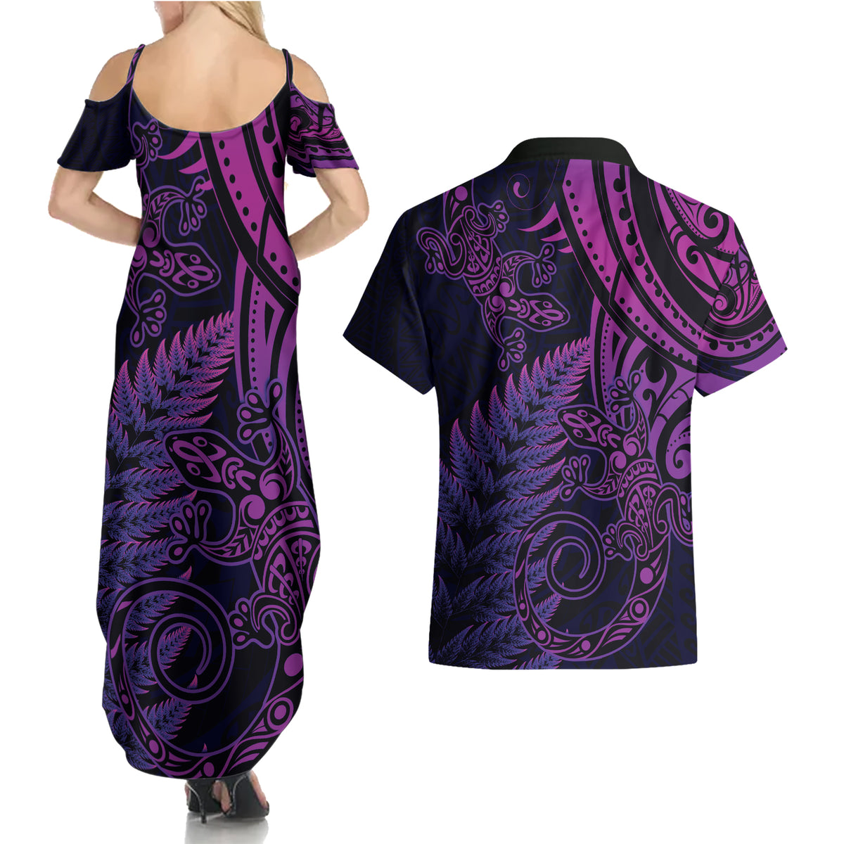 New Zealand Lizard Couples Matching Summer Maxi Dress and Hawaiian Shirt Silver Fern Aotearoa Maori Purple Version