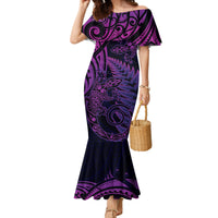 New Zealand Lizard Family Matching Mermaid Dress and Hawaiian Shirt Silver Fern Aotearoa Maori Purple Version