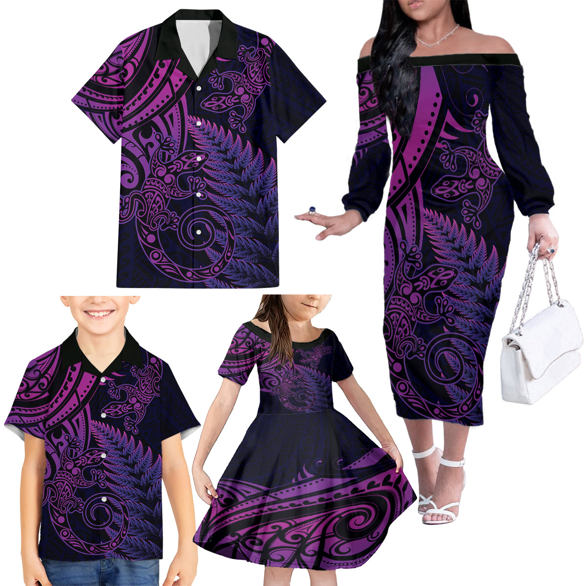 New Zealand Lizard Family Matching Off The Shoulder Long Sleeve Dress and Hawaiian Shirt Silver Fern Aotearoa Maori Purple Version