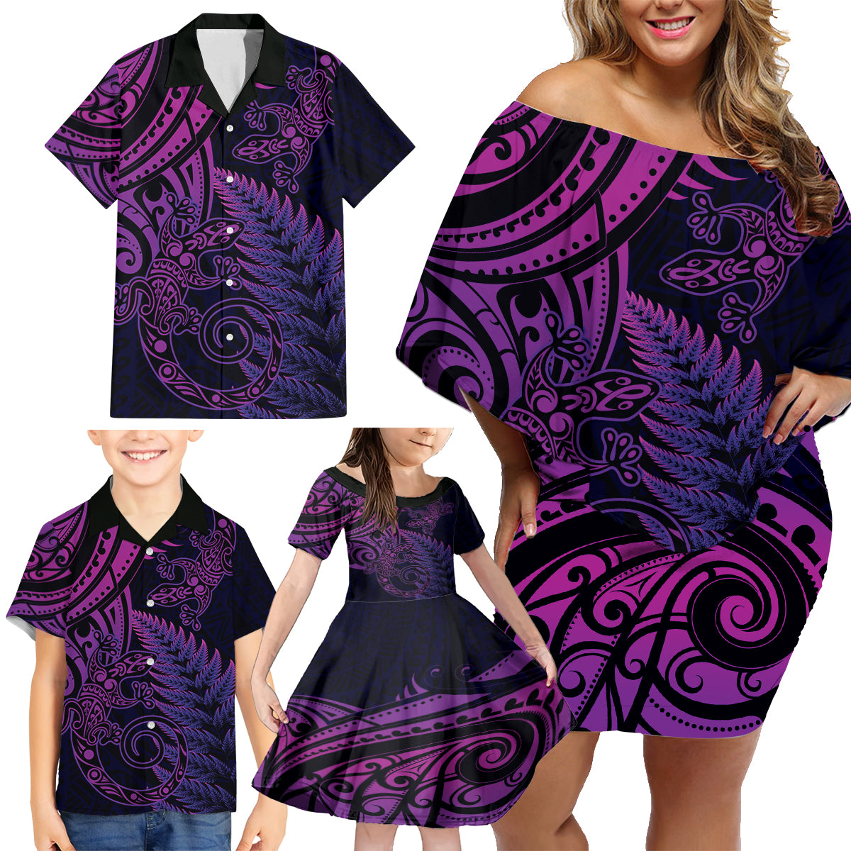 New Zealand Lizard Family Matching Off Shoulder Short Dress and Hawaiian Shirt Silver Fern Aotearoa Maori Purple Version