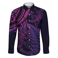 New Zealand Lizard Family Matching Off Shoulder Short Dress and Hawaiian Shirt Silver Fern Aotearoa Maori Purple Version