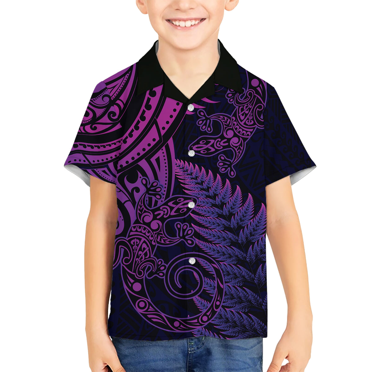 New Zealand Lizard Family Matching Short Sleeve Bodycon Dress and Hawaiian Shirt Silver Fern Aotearoa Maori Purple Version