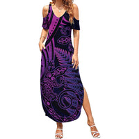 New Zealand Lizard Family Matching Summer Maxi Dress and Hawaiian Shirt Silver Fern Aotearoa Maori Purple Version