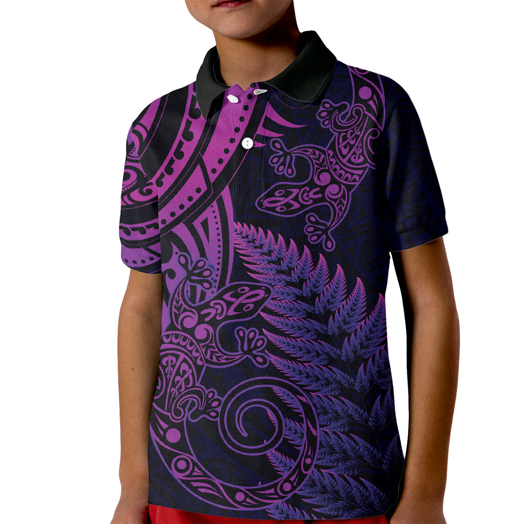 New Zealand Lizard Kid Polo Shirt Silver Fern Aotearoa Maori Purple Version