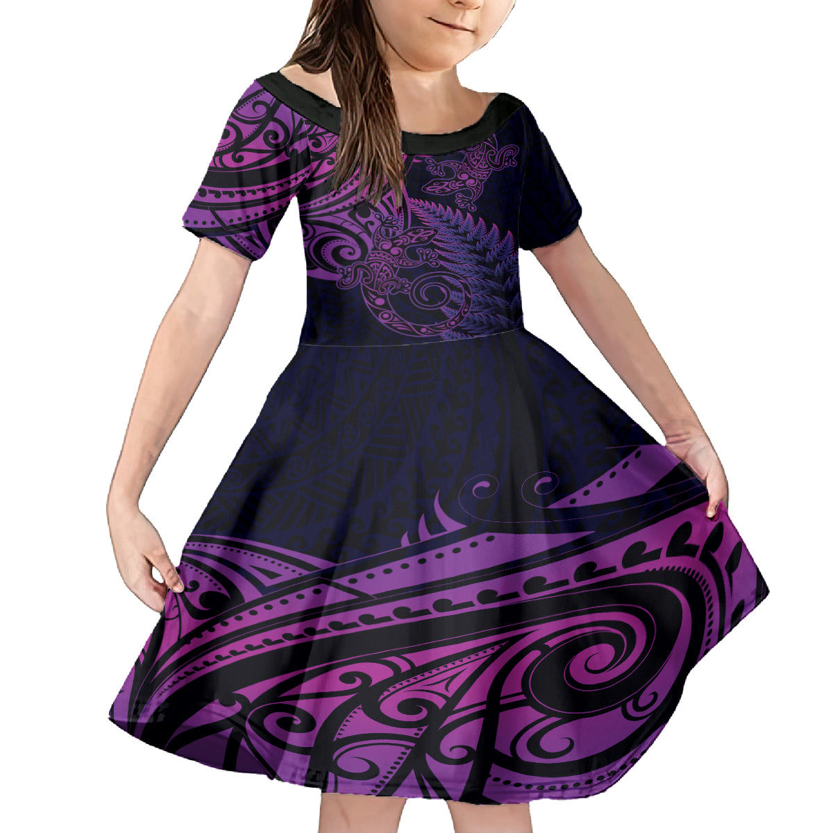 New Zealand Lizard Kid Short Sleeve Dress Silver Fern Aotearoa Maori Purple Version