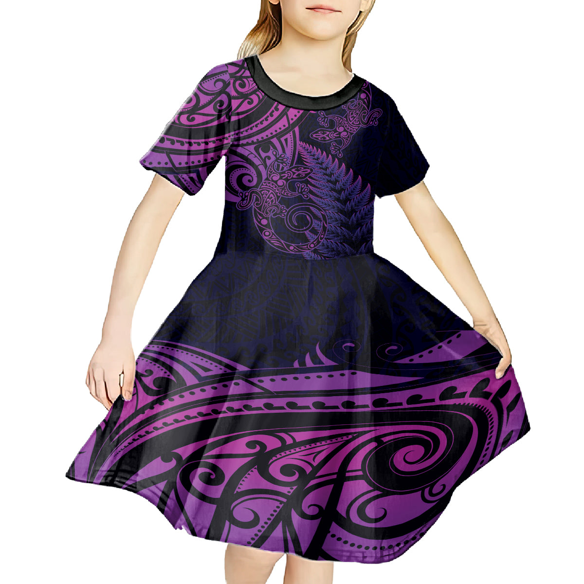 New Zealand Lizard Kid Short Sleeve Dress Silver Fern Aotearoa Maori Purple Version