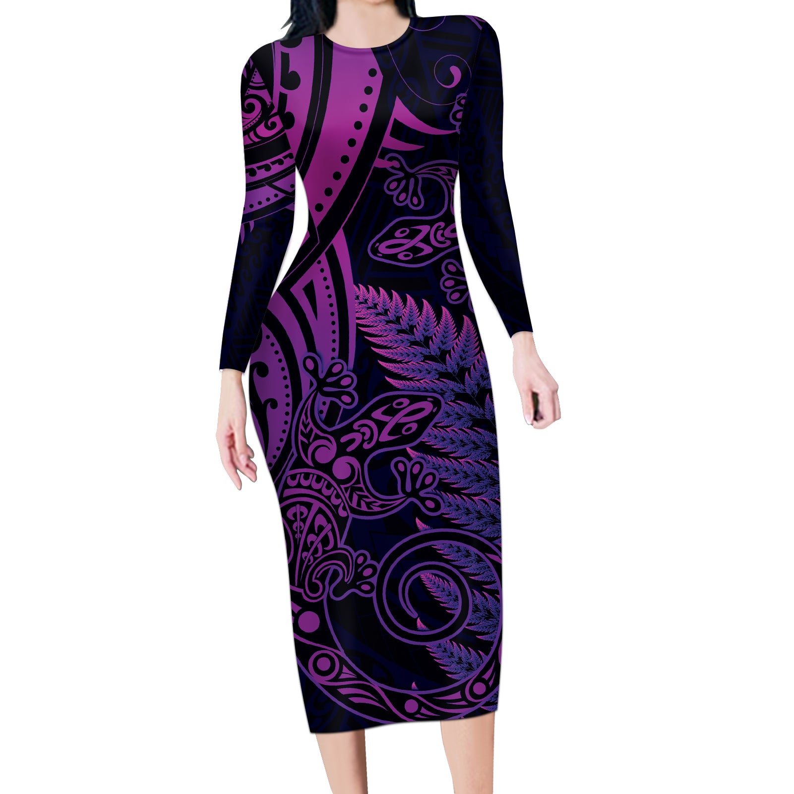 New Zealand Lizard Long Sleeve Bodycon Dress Silver Fern Aotearoa Maori Purple Version