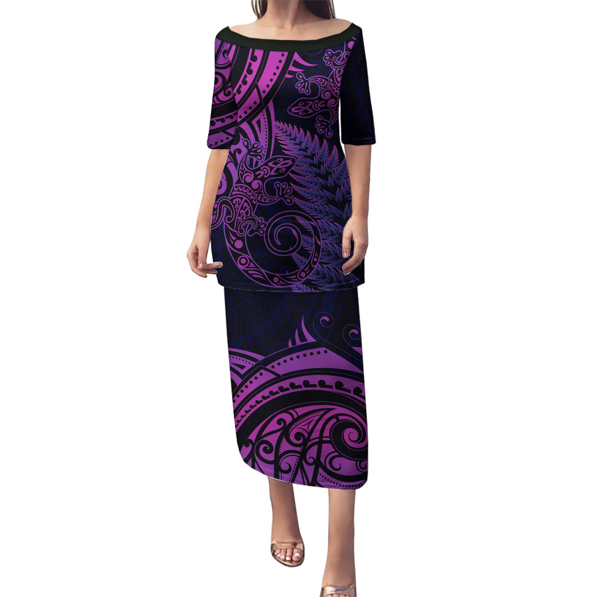 New Zealand Lizard Puletasi Silver Fern Aotearoa Maori Purple Version LT14 Long Dress Purple - Polynesian Pride