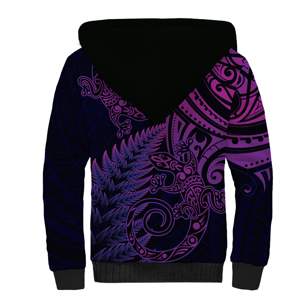 New Zealand Lizard Sherpa Hoodie Silver Fern Aotearoa Maori Purple Version