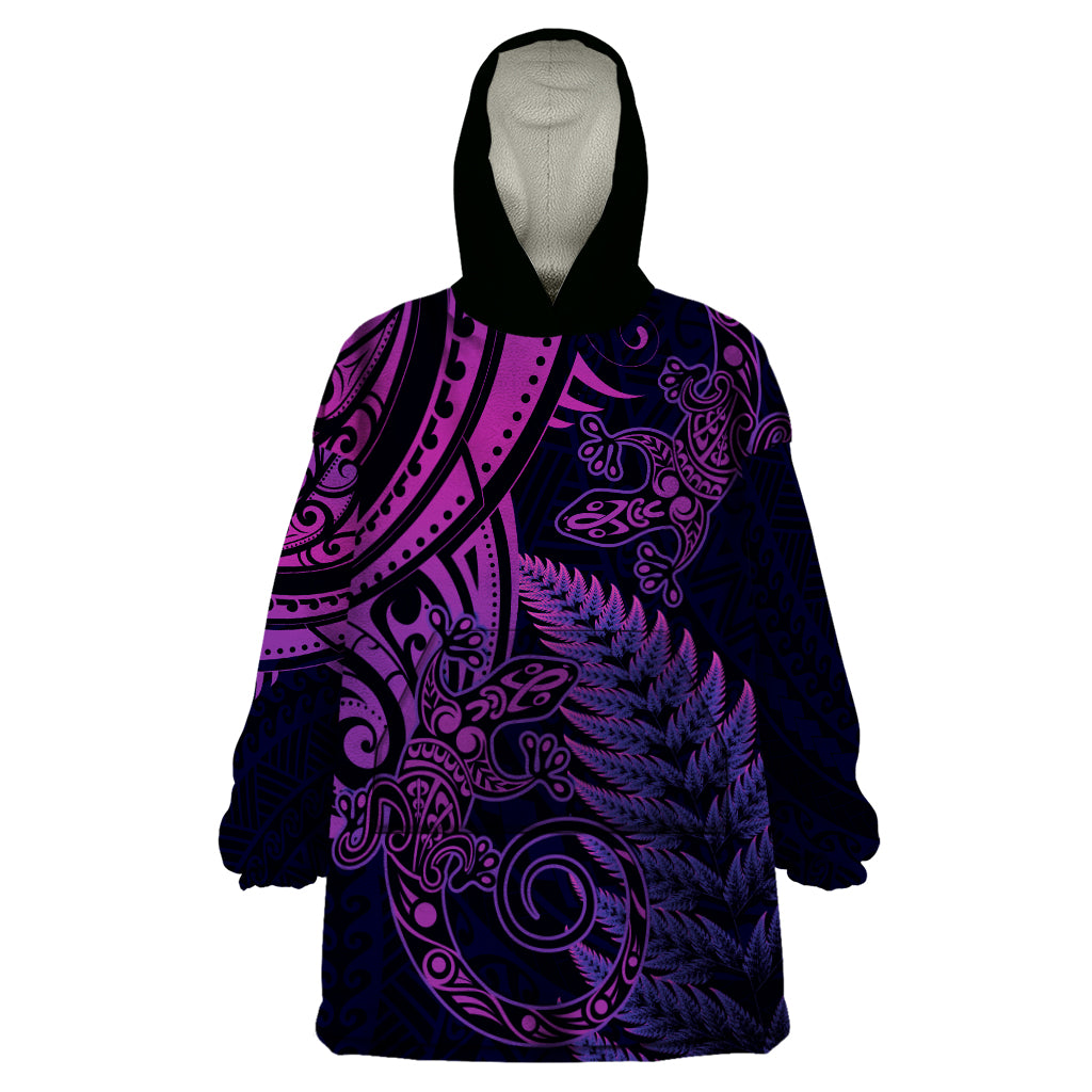 New Zealand Lizard Wearable Blanket Hoodie Silver Fern Aotearoa Maori Purple Version