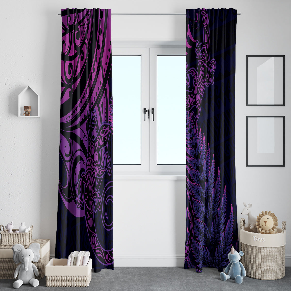 New Zealand Lizard Window Curtain Silver Fern Aotearoa Maori Purple Version