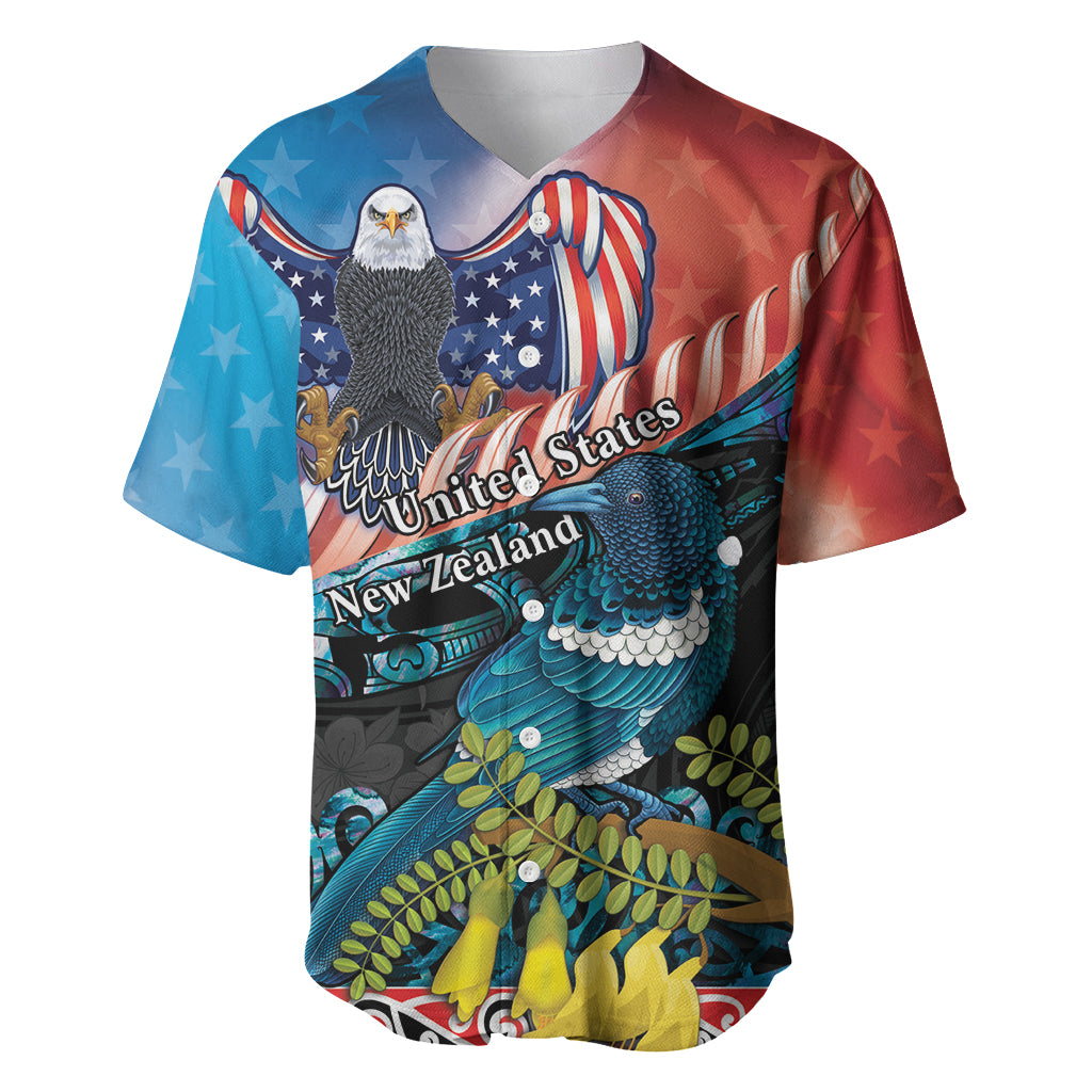 Personalised United States And New Zealand Baseball Jersey USA Eagle With Kowhai Aotearoa Tui Bird