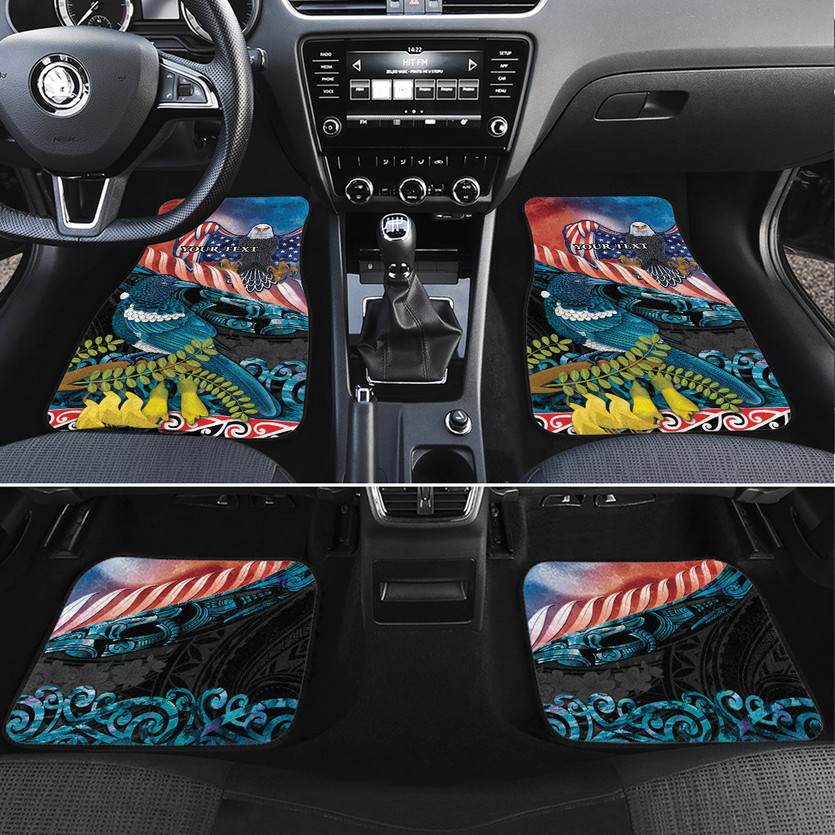 Personalised United States And New Zealand Car Mats USA Eagle With Kowhai Aotearoa Tui Bird